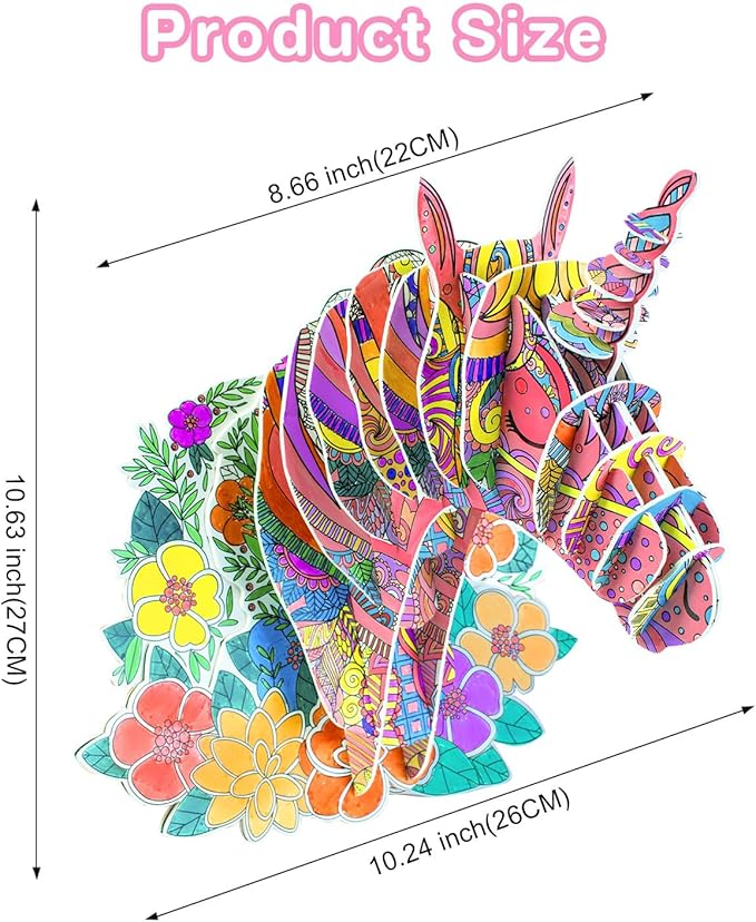 3D Coloring Unicorn Puzzles for Kids, DIY Crafts and Arts Set for girls Ages 6-8,8-10,Drawing Puzzles with 10 Colouring Pens Stocking Stuffers Toys Christmas Gifts for Kids Age 6 7 8 9 10 11 12
