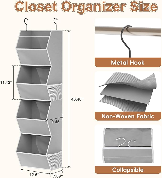 Hanging Closet Organizer 4 Shelf Collapsible Bedroom Closet Organizers and Storage Hanging with Mesh Pockets for Clothes, Fabric Hanging Storage Bins for Wardrobe Closet Organization and Storage, Grey