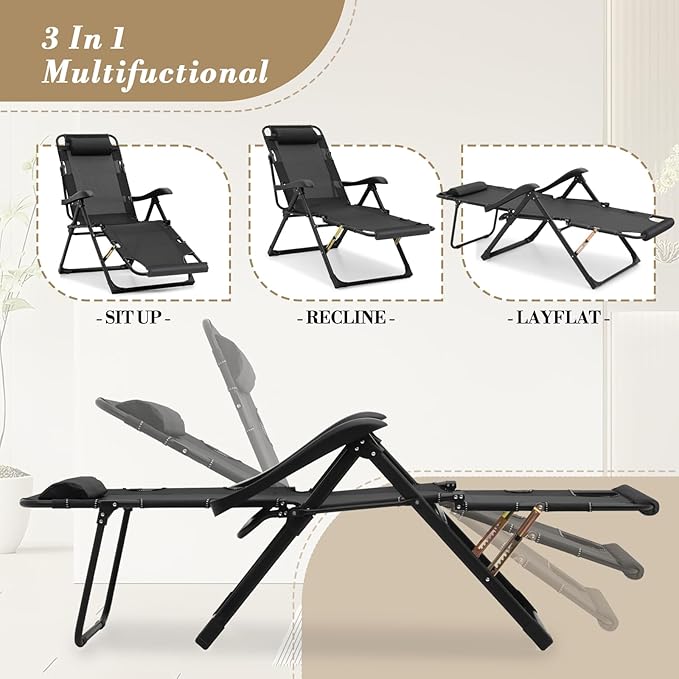 Athena Collection Zero Gravity Outdoor Lounge Chair Recliner, 27" Width Reclining Pool Lounge Lawn Chairs with Headrest Curved Armrest Foot Pad, Outdoor Chaise for Beach Patio Outside, Black