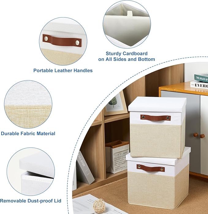 Temary Foldable Fabric Storage Bins with Lids, 2-Pack Storage Bin for Organizing Living Room, Closet Organization, Multi-Purpose Storage Boxes for Clothes (White&Khaki, 10.5x10.5x10.5in)