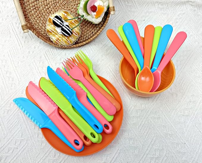 Kids Cutlery Set - Jawbush 9 Pcs Plastic Toddler Utensils Forks and Spoons with Knives for School Lunch Box Camping or Travel, Reusable Kids Silverware Set with Bright Colors, Dishwasher Safe
