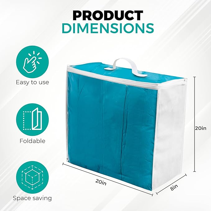 3 Pack Clear Plastic Storage Bags, Durable Zippered Storage Bags for Comforters, Blankets, Clothes, and Bedding - Breathable Nonwoven with Clear Front for Easy Organizing 20x20x8