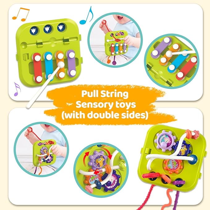 5 in 1 Montessori Baby Toys for 3+ Year Old - Sensory Bins Toys, Travel Pull String Toy & Shape Sorter & Stacking Building Blocks & Suction Cup Spinner Toys, Birthday for Baby