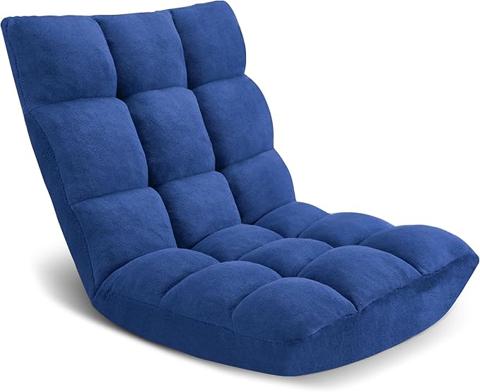 Folding Floor Chair 14-Position Cushioned Adjustable Floor Lazy Sofa Chair w/Breathable Cotton & Skin-Friendly Flannel for Adults & Kids Ideal for Reading Meditating, Navy