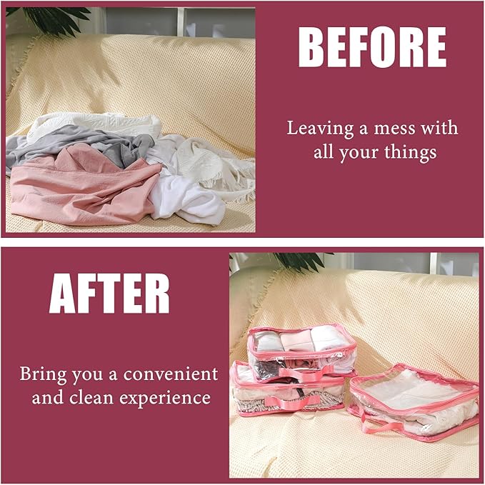 6 Pieces Large Clear Travel Packing Cube Clear Vinyl Zippered Storage Bags See Through Moving Bag PVC Multipurpose Pouch with Handle for Suitcase Shirts Dress Storage (Pink,11.8 x 10.2 x 3.9 Inch)