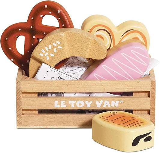 Le Toy Van - Educational Wooden Honeybee Market Baker's Basket Crate | Wood Play Food | Supermarket Pretend Play Shop Food