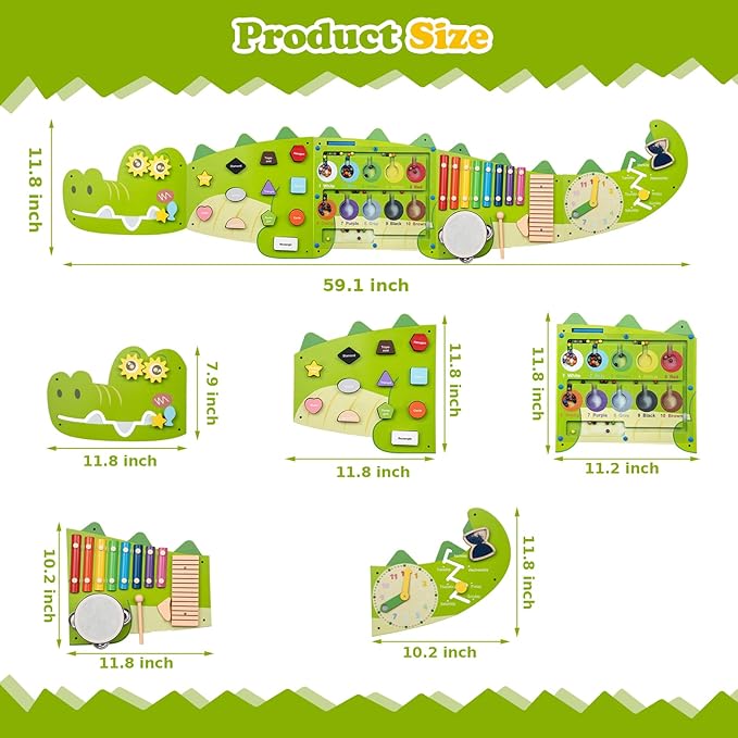 Weihnacht Crocodile Activity Wall Busy Board Panels,11-in-1 Montessori Sensory Toys, Toddler Learning Activity Center,Wooden Learning Toy Ideal Furniture for Playroom & Children's Daycare