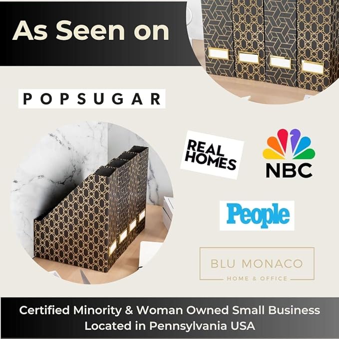 BLU MONACO | Set of 4 Black & Gold Geometric Magazine File Holders with Gold Label Holders | Stylish Vertical File Organizer Boxes for Desk, Bookshelf & Office Storage