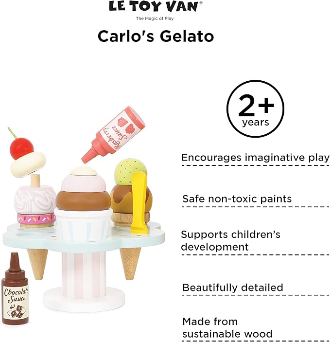Le Toy Van - Educational Wooden Toy Honeybake Colourful Wooden Carlo's Gelato Pretend Ice Cream Toy | 12 Pieces - Great Role Play Gifts For A Boy Or Girl - 2+ Years