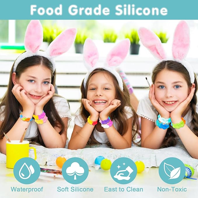 24 PCS Pop Easter Bracelets Fidget Toys Bulk Its Easter Rabbit Bracelet Easter Basket Stuffers Egg Fillers Kids Party Favors Fidgets Easter Gifts for Kids Classroom Prizes Birthday Goodie Bag Stuffers