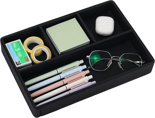 Buqoo PU Leather Valet Tray, Office Supplies Organizer, Stackable Desktop Organizer and Accessories Drawer Organizer for Storing Office Supplies, Jewelry, Cosmetics, Black