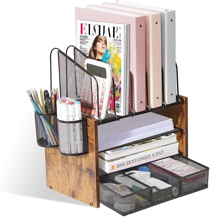 Y YOMA Wooden Desk Organizer, 4-Tier Mesh Desk Organizer with Drawer, Paper Tray & 5 Vertical File Holders, 2 Pen Holders, Desktop Organizer and Accessories for Home Office Dorm