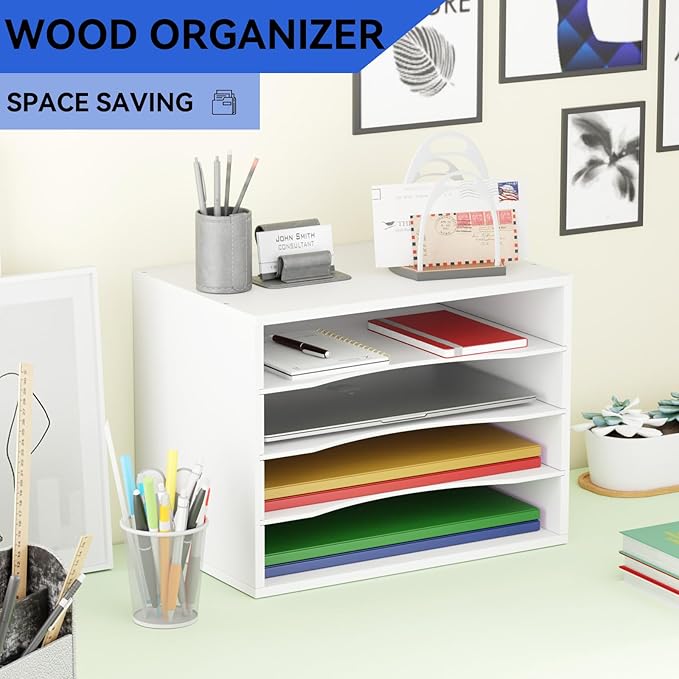 Wood Desktop Letter Tray File Organizer, Paper Storage Mail Sorter with 3 Adjustable Drawer Boards for Home and Office, White