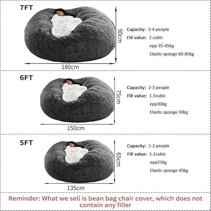 Bean Bag Chair for Adults Kids Without Filler Comfy Giant Round Lazy Sofa Chair Cover Floor Chair Cover for Bedroom Living Room, 7FT, Orange