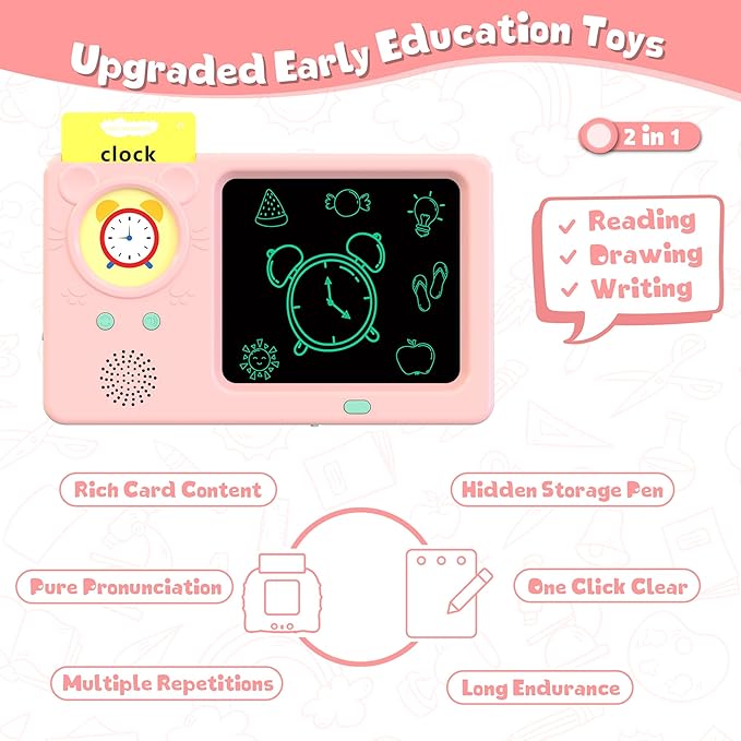 LCD Writing Tablet with Talking Flash Cards, 224 Sight Words Pocket Speech for Toddlers, Educational Learning Toys for Toddlers 1-3, Montessori Toys, Birthday Gift for 1 2 3 4 5 6 Year Old Girls Boys
