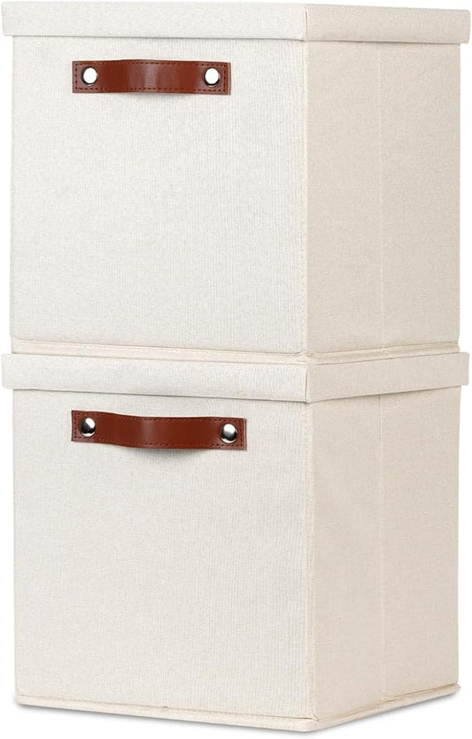 Temary Foldable Fabric Storage Bins with Lids, 2-Pack Storage Bin for Organizing Living Room, Closet Organization, Multi-Purpose Storage Boxes for Clothes (Beige, 10.5x10.5x10.5 inch)