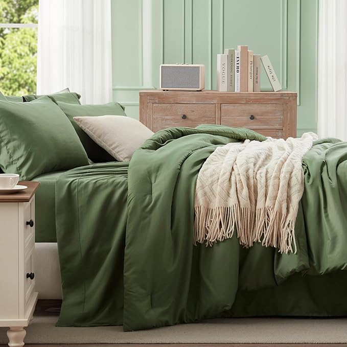 Anluoer King Size Comforter Set 7 Pieces, Olive Green Bed in a Bag Bedding Set with 1 Comforter, 2 Pillow Shams, 2 Pillowcases, 1 Flat Sheet, 1 Fitted Sheet