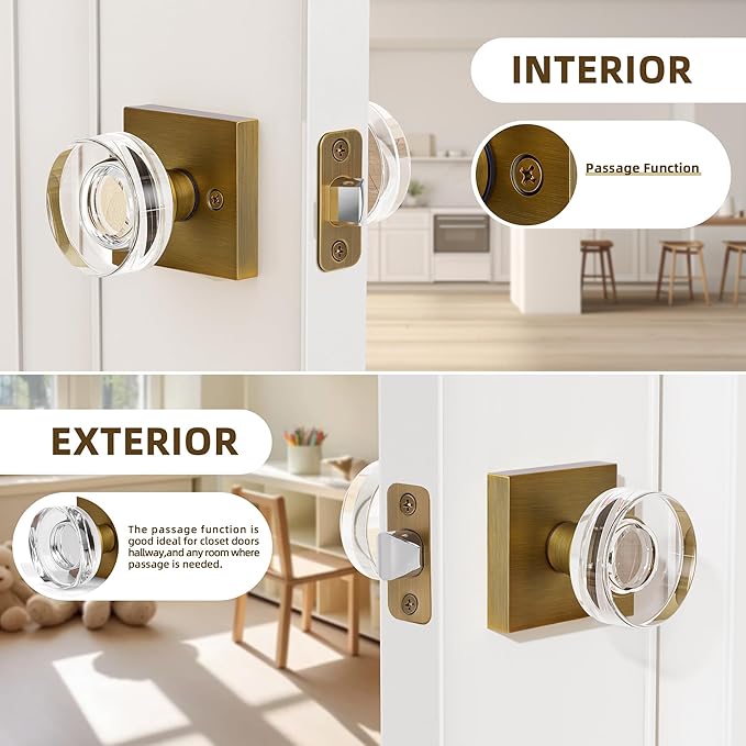 coolnews Crystal Door Knobs Antique Brass Door Knob Passage Door Knobs Interior, Old Style Glass Door Knob Square Vintage Door Handle for Hallway Pantry Closet