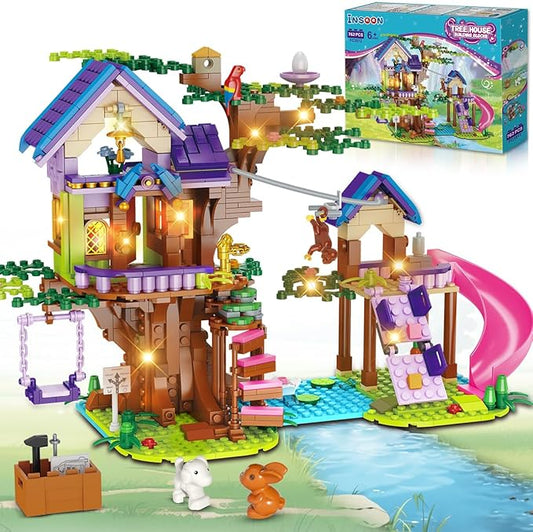 Tree House Building Set with LED Light, 762 PCS Treehouse Building Toy, Friendship Animal Forest House Building Block Kit, Birthday Gift for Kids Girls Boys Ages 6 7 8 9 10 11 12+ Years Old