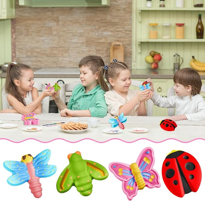 60 Pcs Plaster Painting Party Favors for Kids Birthday Party Supplies Animal Crafts for Kids DIY Painting Statues with Magnet Brushes Palette Organza Bag for Art Party Favor Bags(Insect)