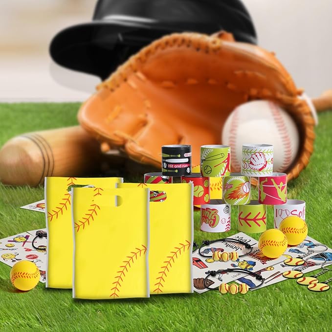 295 Pieces Softball Party Favors Supplies Set Bulk Mini Softball Slap Bracelet Tattoo Sticker Keychain Adjustable Bracelet Goodie Bag Fillers for Sports Softball Party Gifts Bags (Softball)