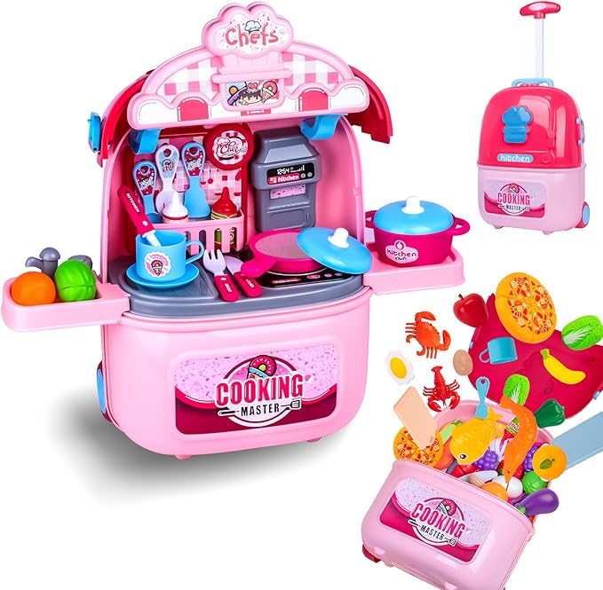 Awsoo Girl Toys Kitchen Playset for Toddlers 3, Portable and Multi-Functional Kitchen Playset with Toys Food, for Kids 3,4, 5, 6 Birthday Gift for Girls