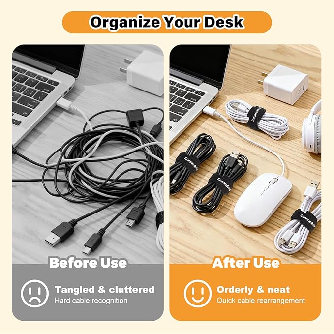 SummerBrite 70 Pack Black Cable Ties 8 Inch with Writable Labels, Reusable Cord Organizer Straps, Hook & Loop Wire Management for Extension Cords, Garage Tools, Power Strips & Heavy Duty