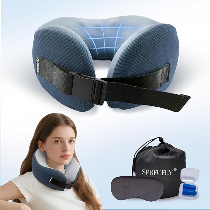 SPRFUFLY Soft Travel Pillow, 100% Memory Airplane Pillow with Sleep Mask and Ear Plugs, Breathable Removable Cover & Ergonomic Design - Essentials Neck Pillow for Airplane, Office & Home Use