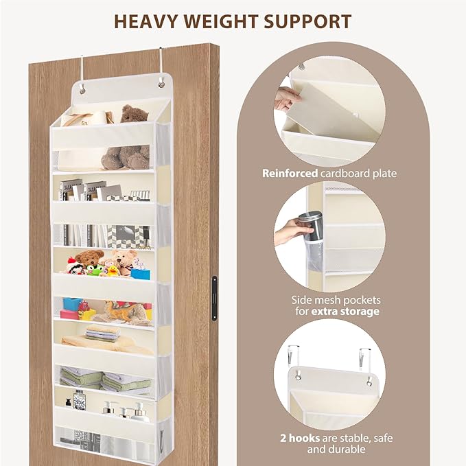 QINGUANG Over The Door Organizer,Hanging Organization and Storage, Behind Door Organizer with Side Pockets, 44 lbs Capacity,Anti Tilt, for Nursery, Bathroom, Bedroom,Dorm 5-Shelf Beige