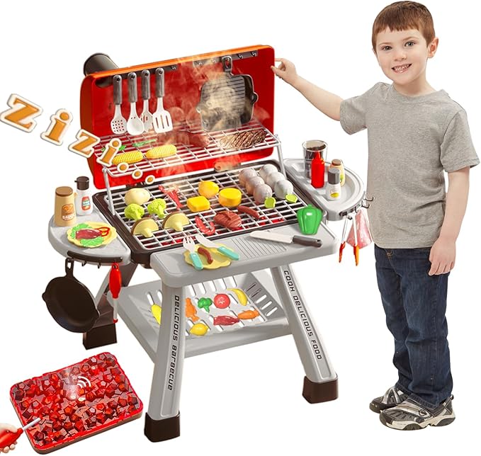 Barbecue Grill Toy Set, Kids BBQ Grill Playset with Smoke Sound Light Simulation Camping Cooking Interactive Toys Christmas Birthday Gift for Toddlers Girls Boys 2-6