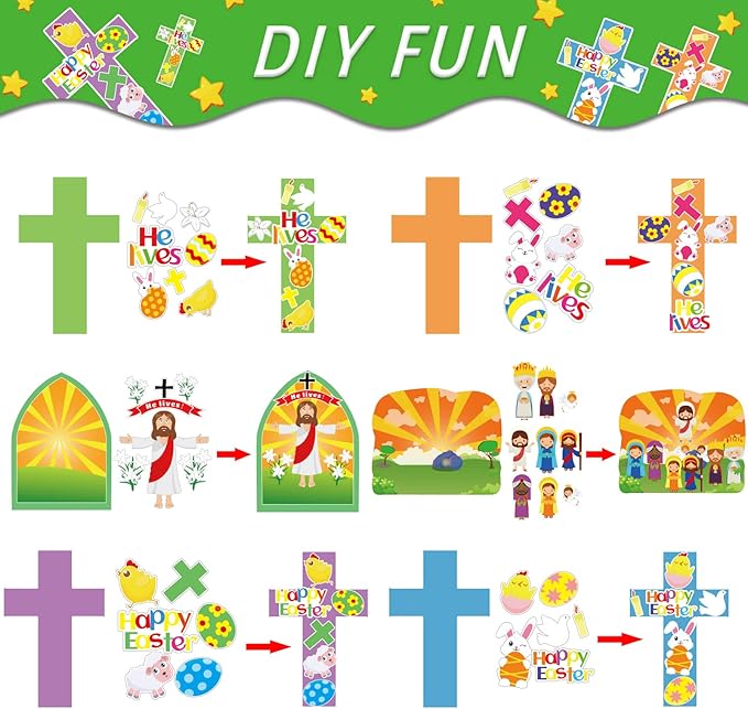 30 Sets Easter Jesus He is Risen Craft Kits for Kids DIY Easter Religious Crosses Art Craft Make a Easter Jesus Resurrection Scene Ornament Spring Christian Creative Art Projects, Kids Party Favors