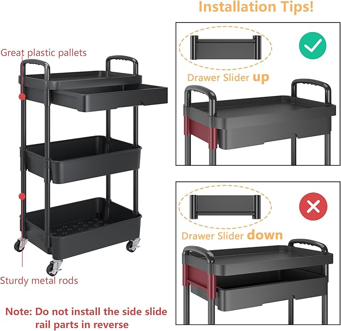 Calmootey 3-Tier Rolling Utility Cart with Drawer,Multifunctional Storage Organizer with Plastic Shelf & Metal Wheels,Storage Cart for Kitchen,Bathroom,Living Room,Office,Black