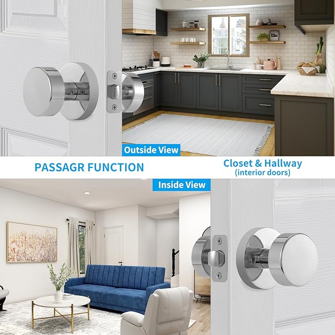 Passage Door Knobs Interior, Polished Chrome Door Knob for Closet, Modern Round Passage Door Handles for Hallway