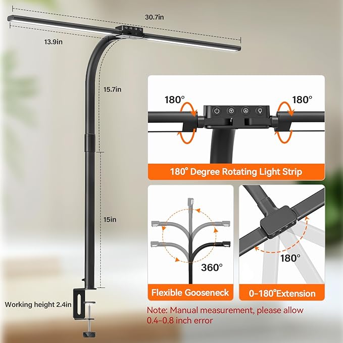LED Desk Lamp for Home Office - 24W Eye-Caring Architect Clamp Light for Dual Monitors, Bright Task Light with USB Port, Touch Dimming, 5 Colors & 50 Modes, Flexible Gooseneck for Read, Study, Craft