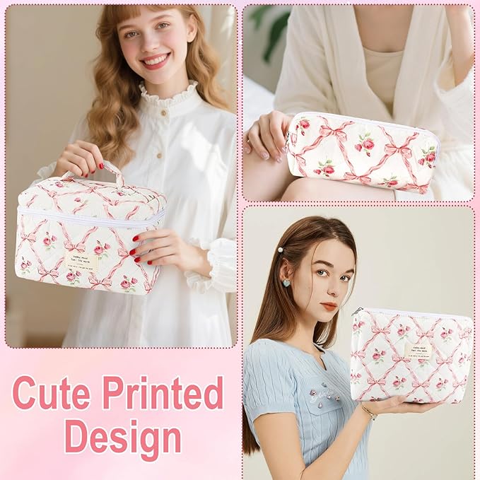 URSKYTOUS 3Pcs Makeup Bag Quilted Cosmetic Bag Set Bow Travel Large Makeup Pouch for Women Cute Portable Cotton Toiletry Bag Skincare Organizer Coquette Vintage Travel Essential