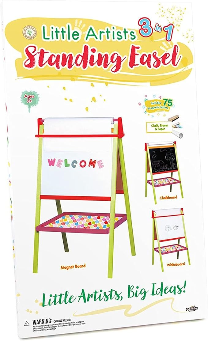 Little Artists 3-in-1 Standing Easel | Includes 75 Magnetic Letters, Rainbow Chalk, Eraser, and Easel Paper | Wooden Wonders Kids Creative Art Drawing Board | Art Class and School Teacher Activity