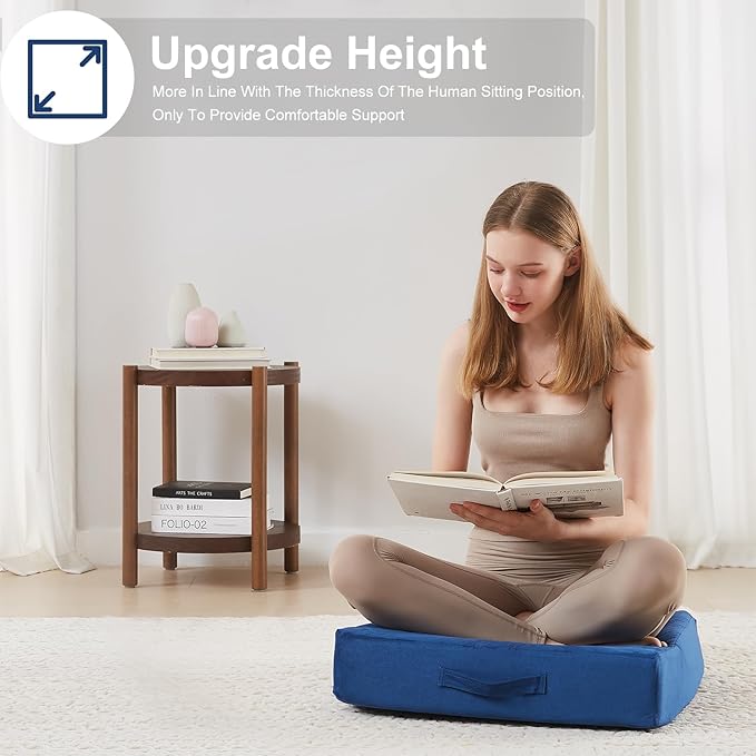 2 Pcs High Density Foam Floor Pillow - Upgraded Large Pillows Seating for Adults - Outdoor Floor Cushion with Soft Tufted Cover - Yoga Pillows for Sitting On Floor - 22 Inch Navy Blue