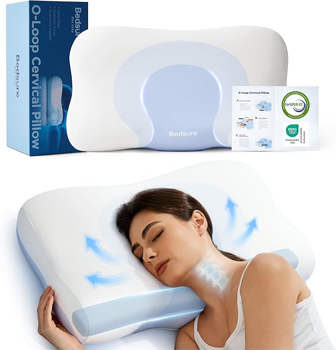 Bedsure Cervical Neck Pillow - Ergonomic Pillows for Deep Sleep, Memory Foam Pillows for Side & Back Sleepers, Orthopedic Cervical Pillow Shape Gently Cradles Head & Neck Support, Shoulder Pain Relief