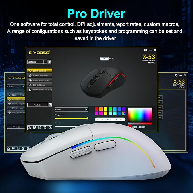 E-YOOSO Wireless Gaming Mouse, 10,000 DPI, Tri-Mode 2.4Ghz/Bluetooth/USB-C Wired, RGB Backlit, 6 Programmable Buttons, Ergonomic Rechargeable Gamer Mice with PC, Mac, PS, Xbox - White