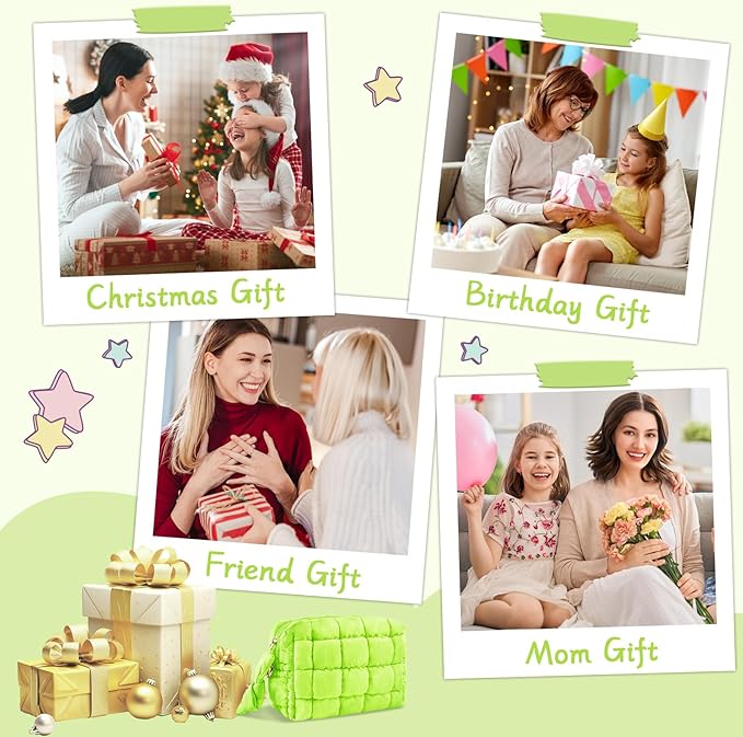 Puffer Quilted Makeup Bag Cosmetic Bags,Puffy Travel Toiletry Pouch for Women,Cute Checkered Zipper Bag Travel Essential,Portable Aesthetic Make up Organizer Bag for Gifts Work Daily(LightGreen,S)