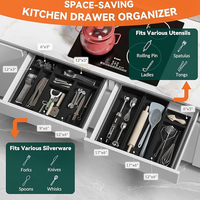 Lixple Bamboo Drawer Organizer, Extra Large Silverware Organizer for Kitchen Drawer, Stackable Utensil Organizer, 2 Pcs Toilet Tank Topper Tray, Wooden Toilet Paper Basket (Black, 17 X 6 X 2 Inch)