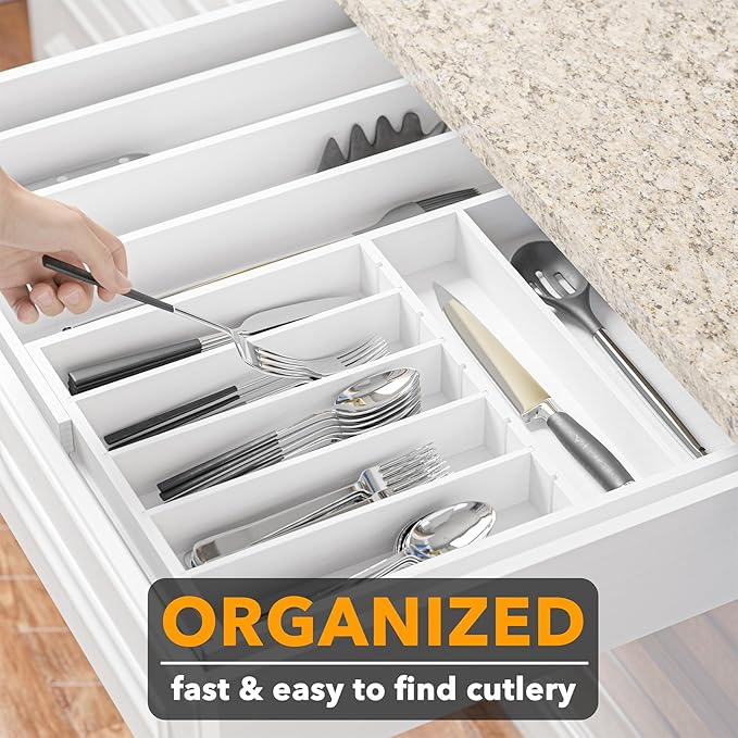 SpaceAid 2.5" High Bamboo Silverware Drawer Organizer with Labels, Kitchen Utensil Expandable Tray Holder for Flatware, Cutlery, Spoon and Knives Drawer Storage Organization (White)