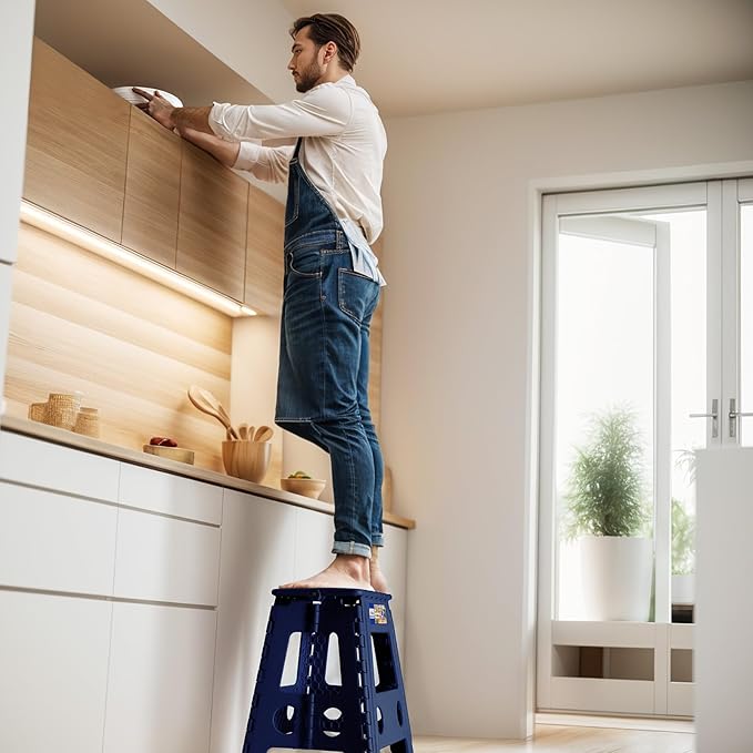 ACKO Folding Step Stool Foldable 17.5 Inch Stool 400 lbs Capacity,Plastic Stools for Adults and Kids,Collapsible Stool for Kitchen, Stepping Stool with Handle(Royal Blue)