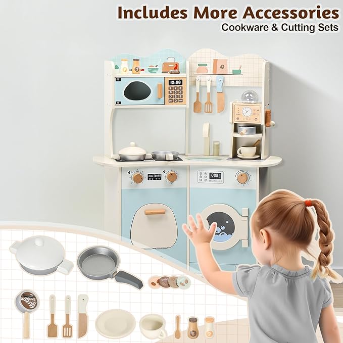 Ktaxon Wooden Play Kitchen with Coffee Maker, Pretend Kitchen Playset for Kids with Toy Washing Machine, Oven, Microwave & Cooking Set Accessories for 3+ Years