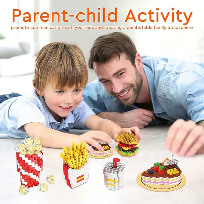 Mini Building Blocks Sets Toys City Fast Food 4 Packs for Kids, Micro Mini Blocks Bricks Kit for Party Favors Goodie Bags, Birthday Gifts Dessert Hamburger, French Fries, Cake, Popcorn
