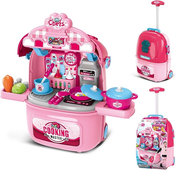 Awsoo Girl Toys Kitchen Playset for Toddlers 3, Portable and Multi-Functional Kitchen Playset with Toys Food, for Kids 3,4, 5, 6 Birthday Gift for Girls
