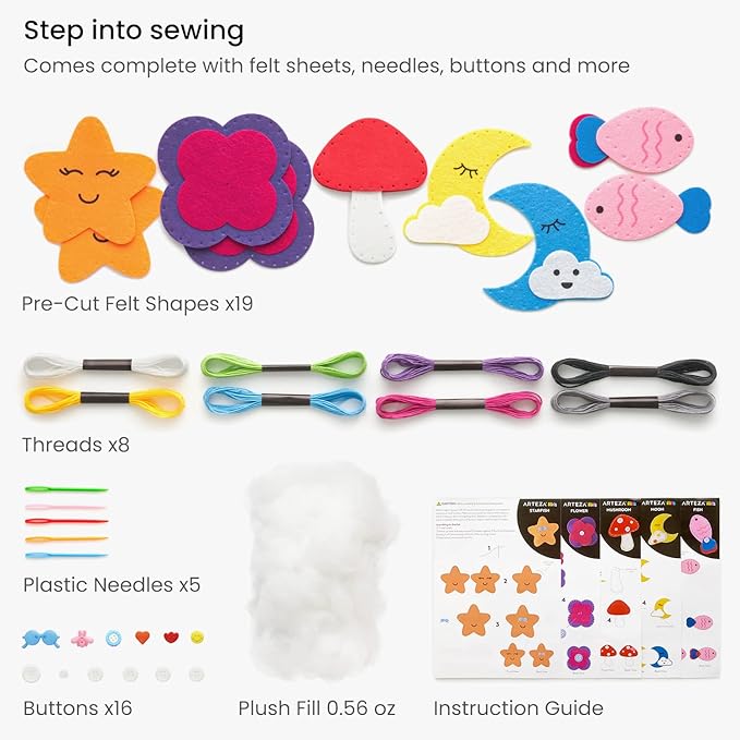 Arteza Kids Hand Sewing Kit, 5 Learn to Sew Plush Nature Crafts, 50 Pieces, Pre-Cut Felt Shapes, Plastic Needles, Plush Fill, Buttons, and Thread, Kids’ Craft Supplies with Instruction Guide