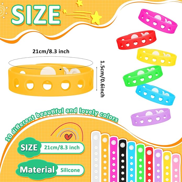 BBTO 100 Pcs 10 Colors Silicone Bracelets 8.3 Inch Adjustable Rubber Bracelets Bulk Cute Wristbands Bracelets with Holes for Shoe Party Birthday Gifts