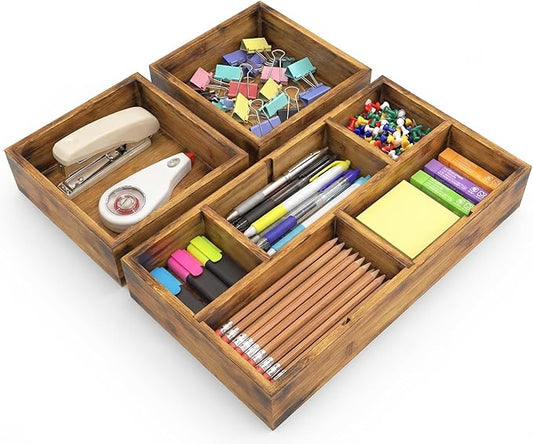 KOCWELL Bamboo Desk Drawer Organizer with Removable Dividers,Multi-Use Office Drawer Organizer Tray,Junk Drawer Organizers for Office,School,Kitchen,Makeup Supply（Carbon Brown）