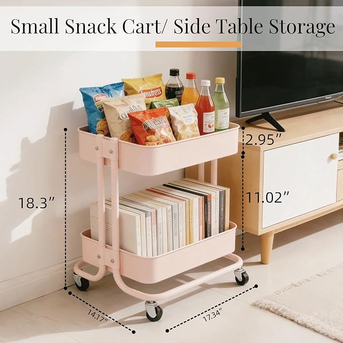 LIWNYRK 2 Tier Rolling Cart with Wheels for Under Desk Storage, Pink Small Rolling Pantry Storage Cart for Small Space, Metal Short Utility Shelf for Vanity Kitchen Bathrrom Laundry Organization